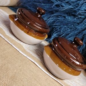🛒🛍️💥Vintage lot of 2 French onion soup crocks with lids perfect condition